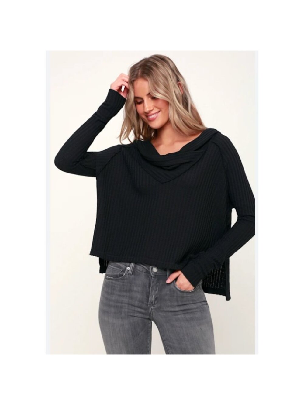 Free People Wildcat Thermal Top Womensβ S Black Cowl Neck Boxy Drape